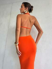 Aloruh 女式性感深 V 领露背橙色金属花卉长款度假连衣裙，春夏 - 橘色 - 查看 7