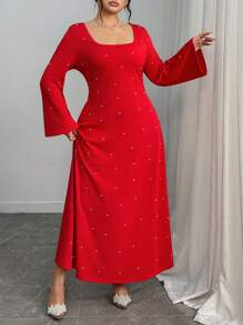 Elenzga Vestito lungo elegante da donna con maniche lunghe, scollo a U, decorato con perline, adatto a taglie forti