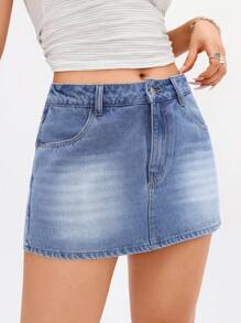 SHEIN PETITE Women's Retro Casual Versatile Denim Skort With Pockets - Light Wash - View 5