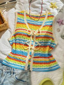 Skyraze Women's Rainbow Striped Cardigan, Fashion Suitable For Summer - Blue - View 1