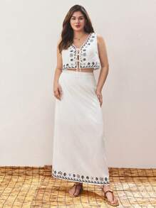 Maija Plus Size Women's Seaside Vacation Shell Starfish Print Sleeveless Strappy Vest, Elastic Waist Printed Skirt, Elegant And Fashionable Bohemian Beach Vacation Style Casual Loose Two Pieces Suit,White Classy Elegant,Vacation Outfits Woman,Summer Outfits For Women,Crop Tops Women,Vacation Two Pieces Set,Hawaii Outfits Women