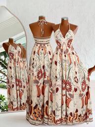 Sweetra Bohemian Style Printed Spaghetti Strap Beach Dress