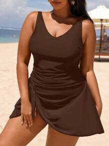 Swim Lushoire Plus Size One-Piece Swimsuit, Solid Color, Fashionable For Summer