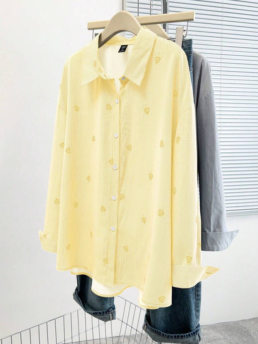 SHEIN LUNE 优雅通勤简约女装时尚百搭畅销条纹印花长袖衬衫领衬衫,黑白,加大码,春夏秋季 - 芥末黃 - 查看 1