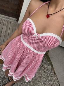 Lunelith SHEIN Lunessa Vestido de volantes con estampado a cuadros, de moda para el verano