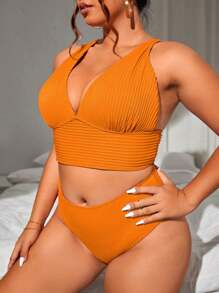 Swim Basics 1pc Plus Size Women's Solid Color Textured Fabric Tankini Swimsuit - Mustard Yellow - View 3