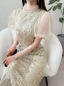 FRIFUL Women's Vacation Feminized Full Lace Mermaid Bowknot Belted Slim Solid Cream Yellow Dress, Women's Summer Women Dresses Birthday Women Birthday Women Casual Dress Women Clothes Summer Clothes Prom Dress - Apricot - View 6