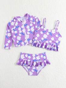 Baby Girl Long Sleeve Zipper Swimsuit & Triangle Bikini Set - Purple - View 5