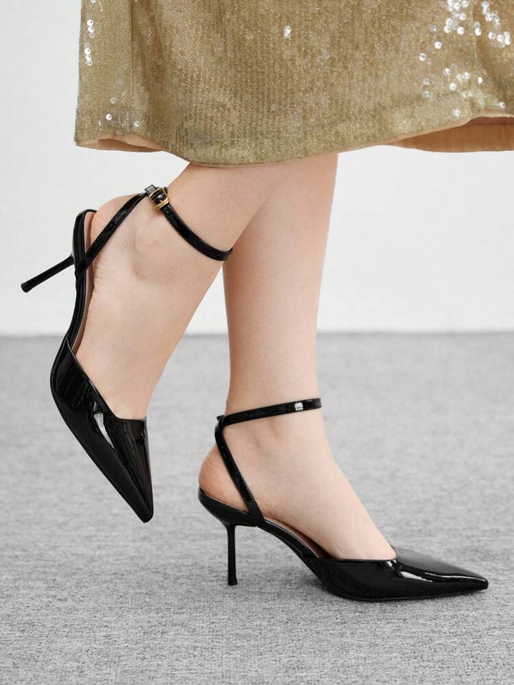 CUCCOO BIZCHIC Fashionable Black Pointed Toe Ankle Strap Stiletto High Heels, Suitable For Work, Dating, Party, Wedding, And Vacation For Christmas Spring Shoes