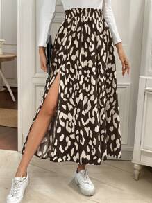 SHEIN Frenchy Allover Leopard Print Split Thigh Skirt Winter - Multicolor - View 4