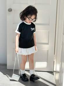 SHEIN Little Byeori Young Girls Casual Short Sleeve T-Shirt And Ruffle Shorts 2-Piece Set - Black and White - View 4