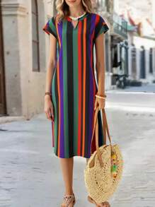 EMERY ROSE Women's Midi Striped Dress, Short Sleeve, Fashionable Summer