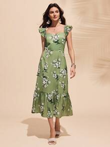 Chiquease 女士优雅碎花方领度假风中长连衣裙 - 淺綠色 - 查看 1