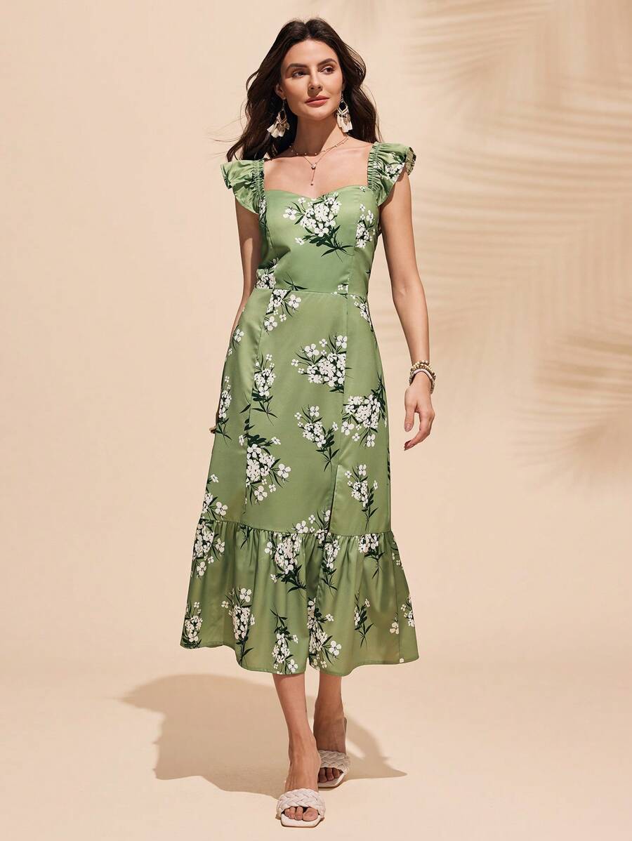 Chiquease 女士优雅碎花方领度假风中长连衣裙 - 淺綠色 - 查看 1