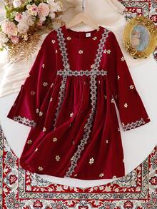 Young Girl Maroon Middle Eastern Eid Al-Fitr Zip Up Long Sleeve Waisted Gold Floral Print Robe, Fancy Summer Gown Royal Dress For Girls - Burgundy - View 3