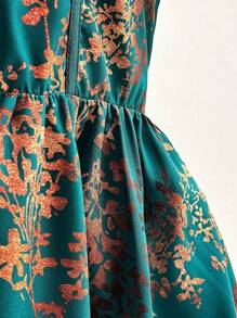 Sweetra 加大码夏季优雅花卉印花荷叶边下摆吊带背心 - 墨綠色 - 查看 4