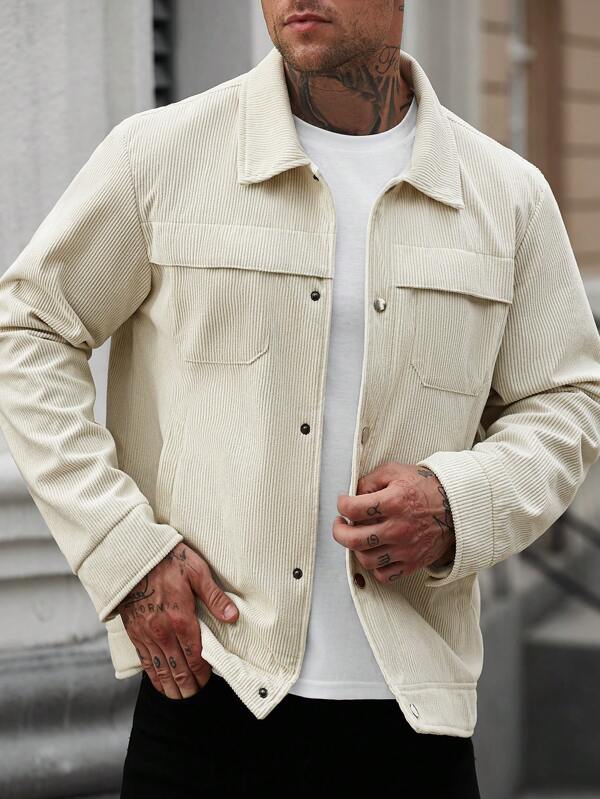 Manfinity CasualCool Men's Solid Color Front Button Pocket Casual Long Sleeve Jacket Zip Up Jacket Men Jackets Men Jackets Casual Men's Clothes Men Shirts Men Work Shirts Men's Shacket Men's Spring Outfits