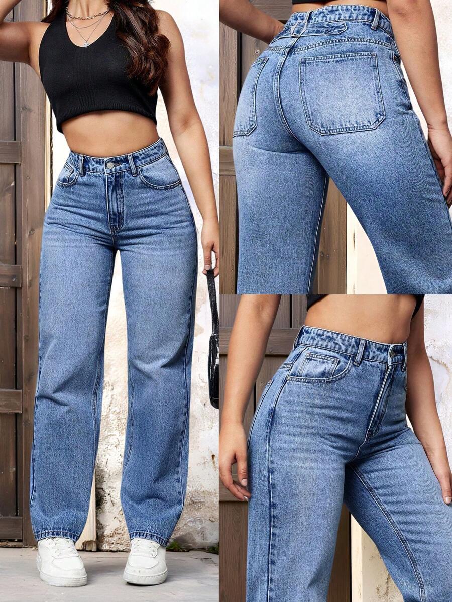 SHEIN EZwear 貓須直筒牛仔褲 - 中等水洗藍 - 查看 1