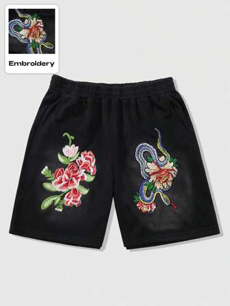 Street Life Men's Summer Floral Snake Embroidery Patch Street Style Casual Shorts, Vacation