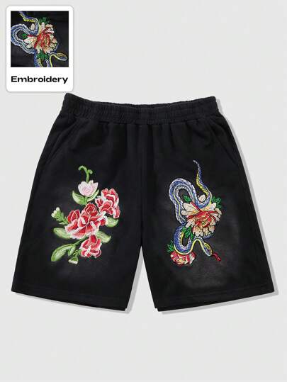 Street Life Herren Sommer Floral Schlangen Stickerei Patch Street Style Lässig Shorts, Urlaub, Halloween