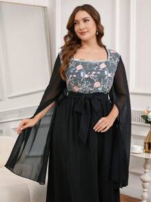 Modelyn Vestido de talla grande con cuello cuadrado, bordado con cuentas y cintura recogida - Rojo violeta - Ver 5