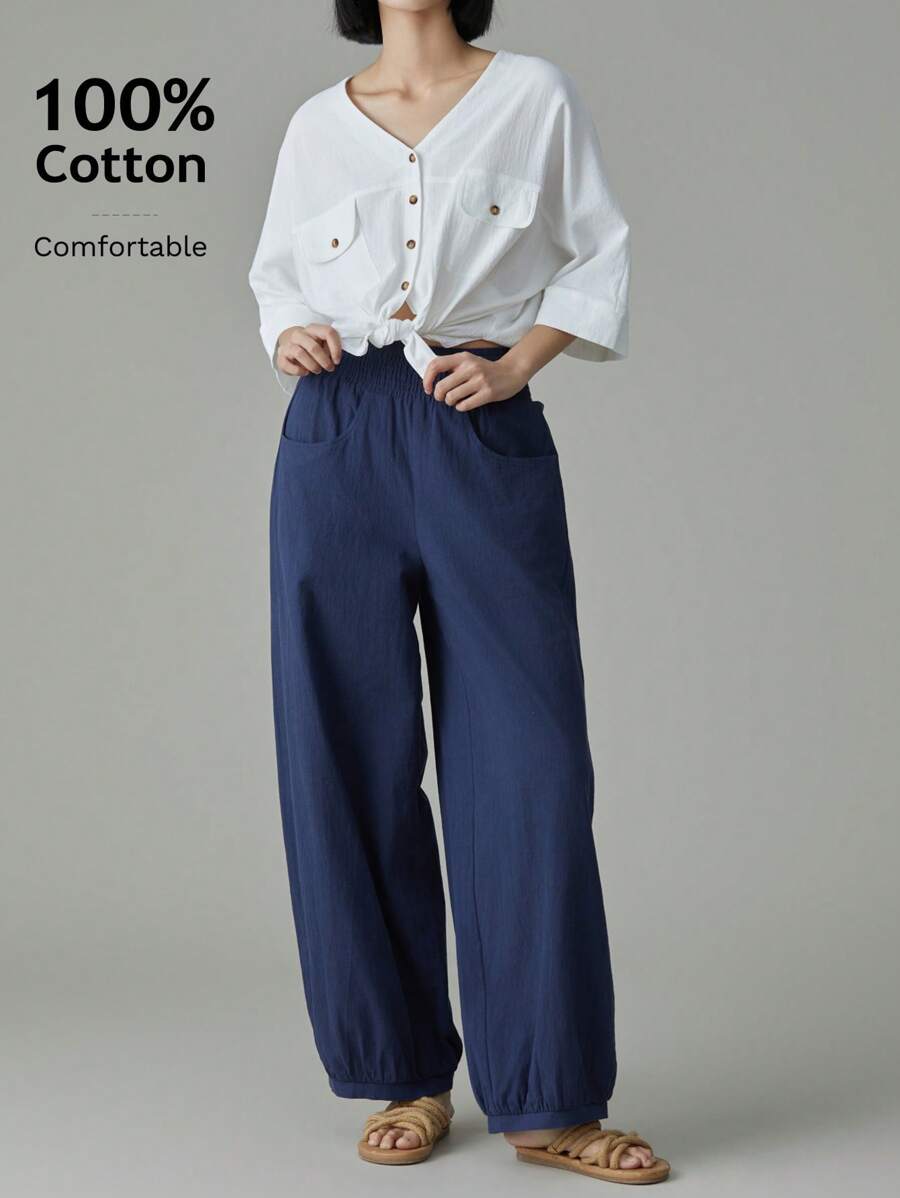 EMERY ROSE 2 Stücke Frauen Einfarbig V-ausschnitt 3/4 Ärmel Einreiher Hemd Und Hose Set 100 Baumwolle Sets Für Frauen Sommer Passenden Sets Frauen