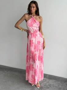 Aloruh Abito da spiaggia vacanza con stampa floreale rosa, elegante e romantico abbigliamento estivo da spiaggia - Rosa Baby - Visualizzare 4