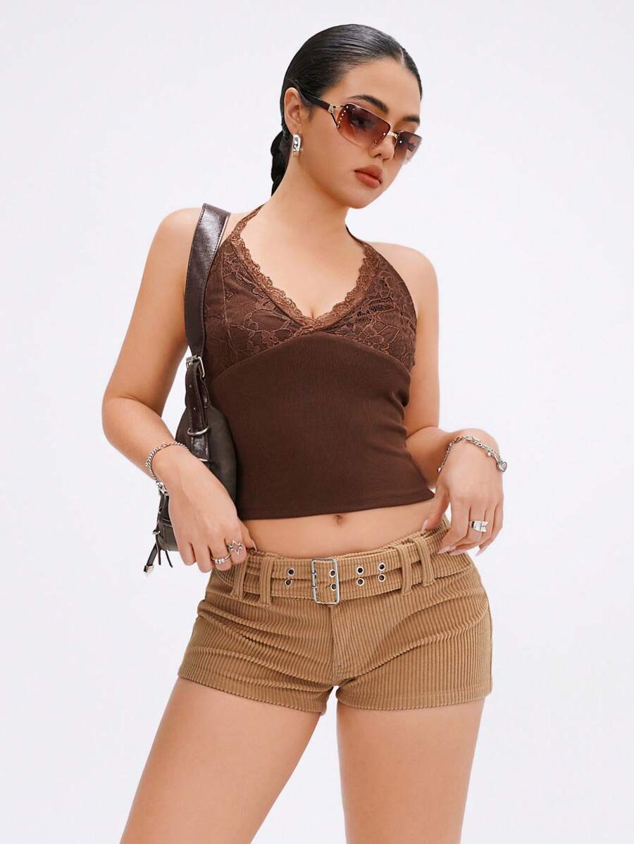 SHEIN EZwear 女式可调节腰带扣时尚灯芯绒短裤 - 卡其色 - 查看 1