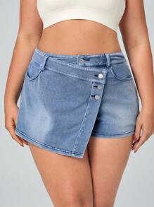 SHEIN Essnce Plus Size Casual Washed Wrap With Diagonal Pocket Denim Skort, Summer - Blue - View 8