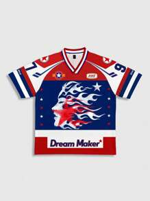 ROMWE MEN Street Life Men's Jersey Football Graphic Short Sleeve T-Shirt, Suitable For Everyday Wear In Spring/Summer