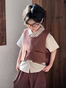 2pcs/Set Boys' Brown Cargo Pants + Short Sleeve Shirt & Vest - Coffee Brown - View 6