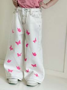 SHEIN 年轻女孩 2025 新款 Y2K 粉色蝴蝶印花白色直筒牛仔裤，夏季 - 白色 - 查看 1