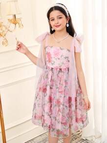 Vestido elegante con estampado floral y decoración de lazo para niñas preadolescentes