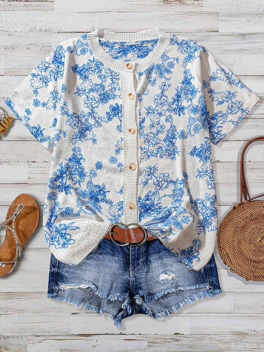 EMERY ROSE New Design Retro Artistic Tie Dye Print Crew Neck Lightweight Sweater For Women, Spring/Summer - White - View 1