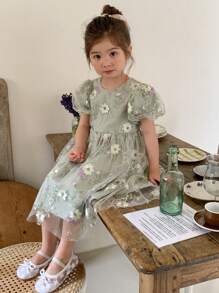 Hapijoa Young Girl Round Neck Short Sleeve Fashionable Summer Dress - Green - View 8