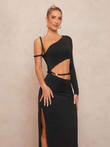 Lumalex Outing Summer Swimsuit Swimwear Swim Vacation Easter Bohemian BOHO Sea Beach Hot Outdoor Richly Layered Wedding Season Banquet Coming Of Age Ceremony Beach Seaside 1pc Women's One Shoulder One Sleeve Cropped Open Slit Maxi Straight Dress - Black - View 5
