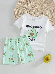 2pcs Boys Casual Avocado Print Round Neck Short Sleeve Top And Shorts Set Loungewear - Multicolor - View 1