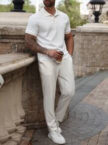 Manfinity Homme Plus Size Men's Casual Solid Color Short Sleeve Polo Shirt And Pants Set, Summer