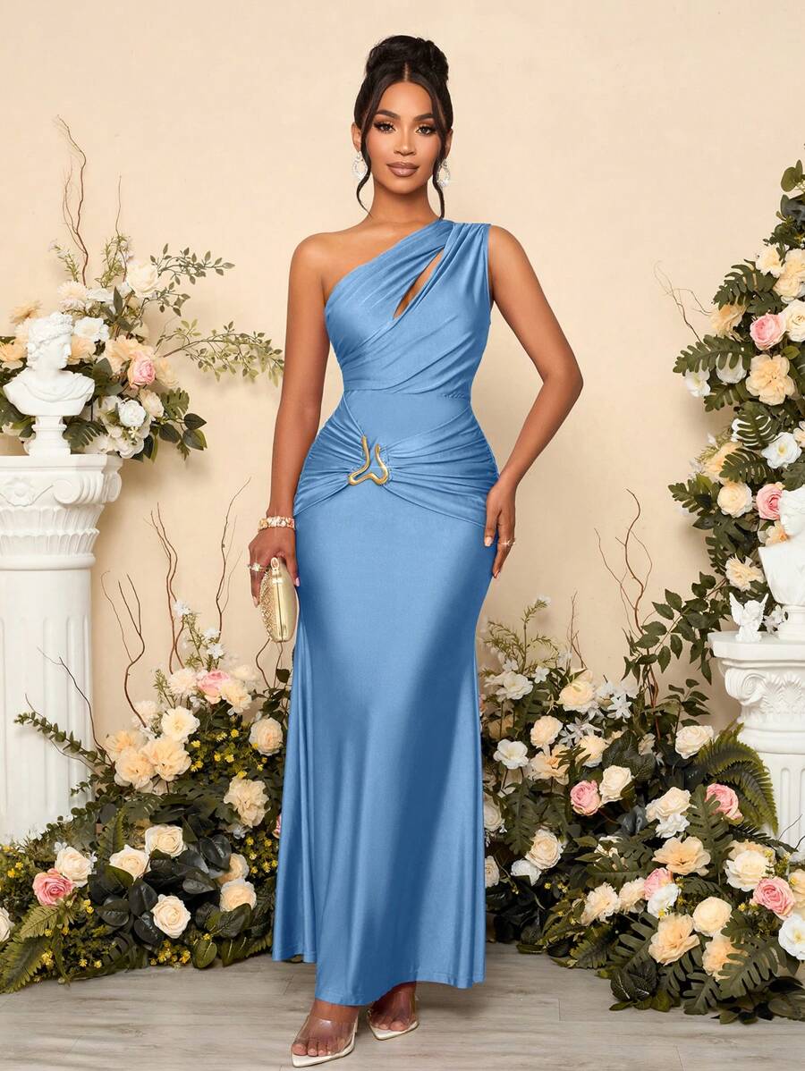 SOLERSUN Women's Solid Color Hollow Asymmetric Neck Metal Decorated Bodycon Dress Long Maxi Women Outfit