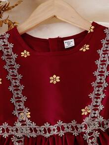 Young Girl Maroon Middle Eastern Eid Al-Fitr Zip Up Long Sleeve Waisted Gold Floral Print Robe, Fancy Summer Gown Royal Dress For Girls - Burgundy - View 6