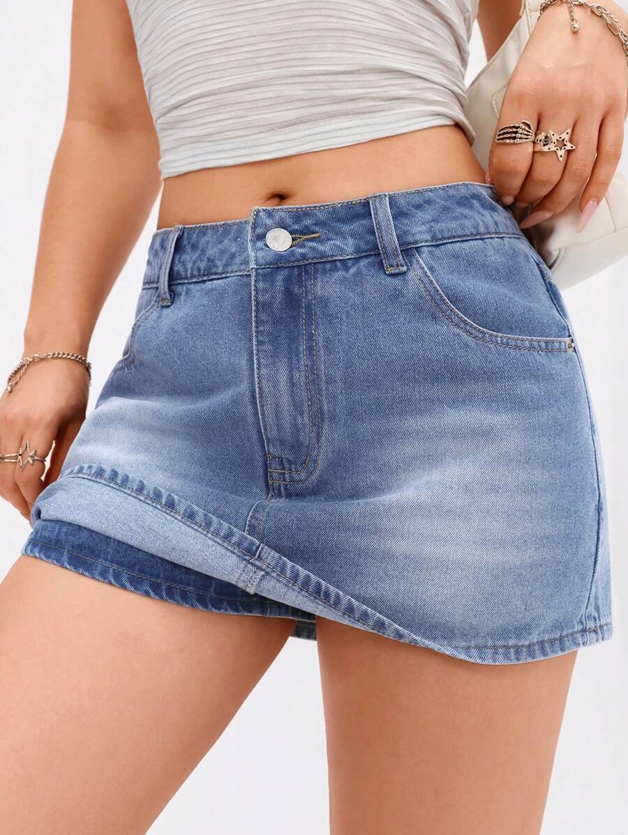 SHEIN PETITE Women's Retro Casual Versatile Denim Skort With Pockets - Light Wash - View 1