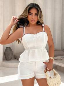 SHEIN LUNE Summer Women's Contrast Color Ruffle Trim Cami Top Sexy Criss Cross Back Cami Top - White - View 1