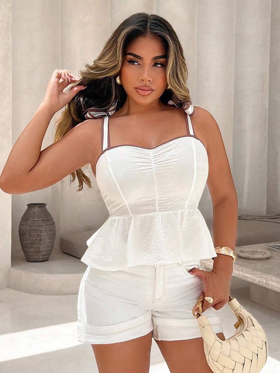 SHEIN LUNE Summer Women's Contrast Color Ruffle Trim Cami Top Sexy Criss Cross Back Cami Top - White - View 1