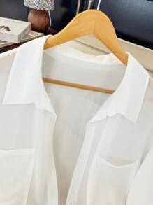 Calvaya 大码女式雪纺口袋纽扣短袖衬衫 - 白色 - 查看 4