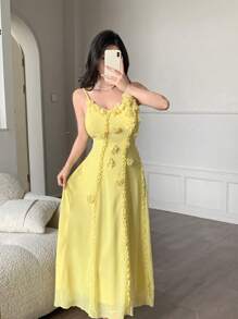 Modelyn Yellow Floral Mesh Sleeveless Dress - Yellow - View 4