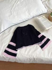 Young Girl Contrast Color Stripe & Star Applique Hollow Knit Sweater - Black - View 2