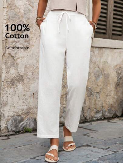 EMERY ROSE Women's Casual Versatile Solid Color Straight-Leg Pants 100 Cotton Summer