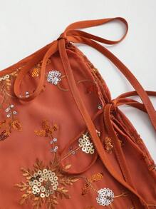 Sweetra 女士时尚花卉亮片大腿开衩系腰中长裙 - 橘色 - 查看 4