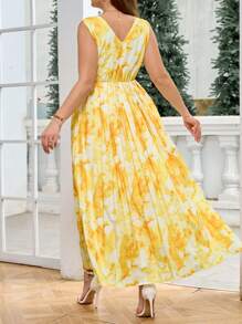 Ellevyn 加大码优雅女式印花V领褶皱奶油黄色连衣裙，女士夏季服装，毕业礼服，女士婚礼宾客礼服，女士太阳裙，女士优雅连衣裙，度假，女士黄色连衣裙，花裙 - 彩色 - 查看 3