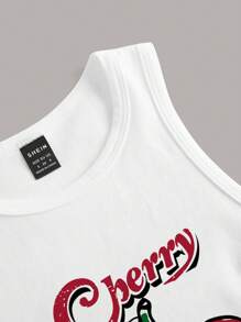 SHEIN EZwear 休闲樱桃印花图案修身圆领女士背心，适合夏季 - 白色 - 查看 4